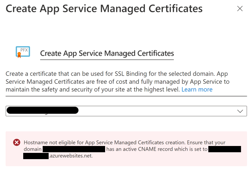 Azure App Service Managed Certificates est incapable de créer un certificat