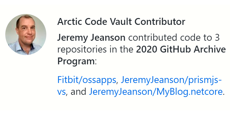 Capture d'écran de GitHub : Jeremy Jeanson controbuted code to 3 repositories in the 2020 GitHub Archive Programm