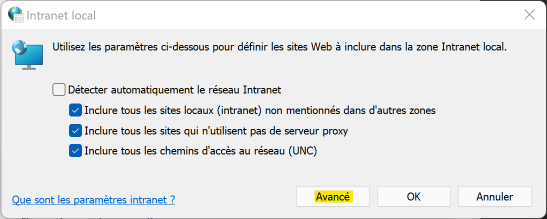 Options "Intranet local"